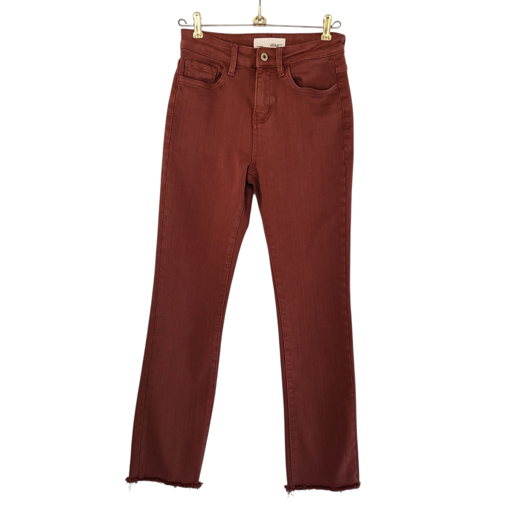 VERVET Wine/Rust High-Rise Cropped Slim Straight Jeans Raw/frayed Hem Size 25